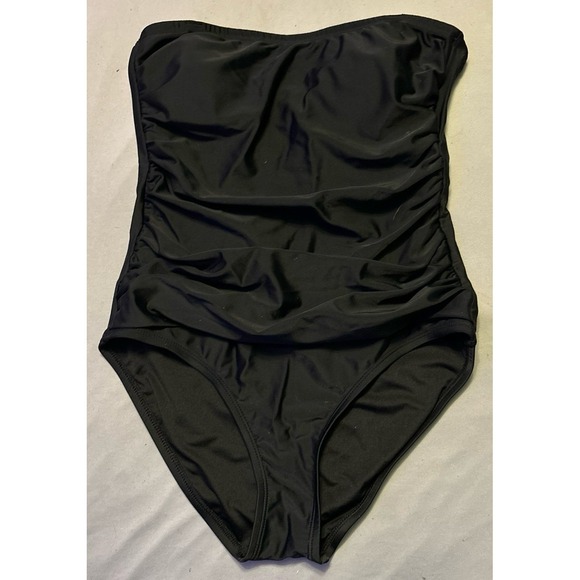 DKNY Women's Ruched Waist Slimming Strapless Black One Piece Swimsuit, Small - Picture 1 of 6